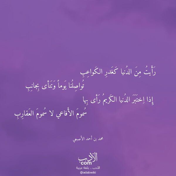 اقتباس من قصيدة رأيت من الدنيا كغدر الكواعب لـ محمد بن أحمد الأصبعي