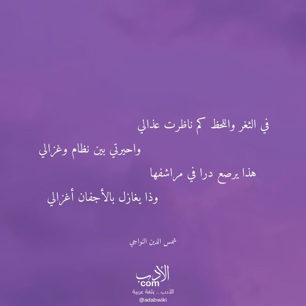 اقتباس من قصيدة في الثغر واللحظ كم ناظرت عذالي لـ شمس الدين النواجي