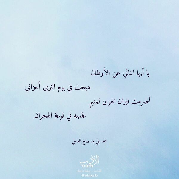 اقتباس من قصيدة يا أيها النائي عن الأوطان لـ محمد علي بن صالح العاملي
