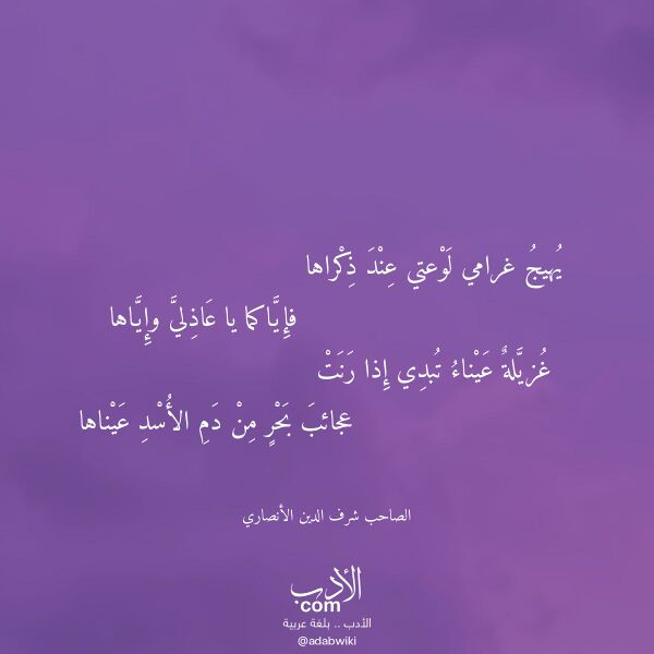 اقتباس من قصيدة يهيج غرامي لوعتي عند ذكراها لـ الصاحب شرف الدين الأنصاري