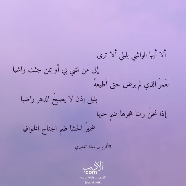 اقتباس من قصيدة ألا أيها الواشي بليلي ألا ترى لـ الأقرع بن معاذ القشيري اقتباس من قصيدة ألا أيها الواشي بليلي ألا ترى لـ الأقرع بن معاذ القشيري